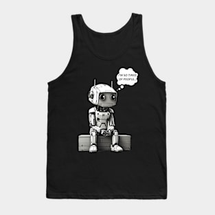 Cute Robot Tired of People retro anime comic funny design Tank Top